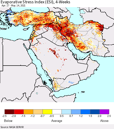 Middle East and Turkey Evaporative Stress Index (ESI), 4-Weeks Thematic Map For 5/10/2021 - 5/16/2021
