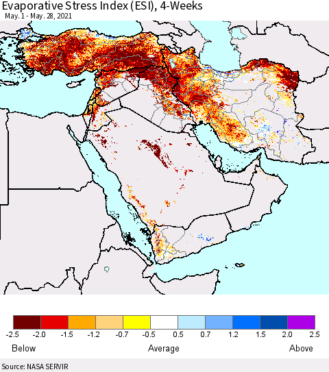 Middle East and Turkey Evaporative Stress Index (ESI), 4-Weeks Thematic Map For 5/24/2021 - 5/30/2021