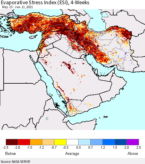 Middle East and Turkey Evaporative Stress Index (ESI), 4-Weeks Thematic Map For 6/7/2021 - 6/13/2021