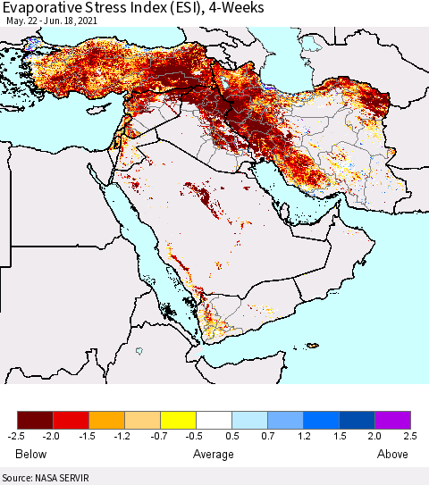 Middle East and Turkey Evaporative Stress Index (ESI), 4-Weeks Thematic Map For 6/14/2021 - 6/20/2021
