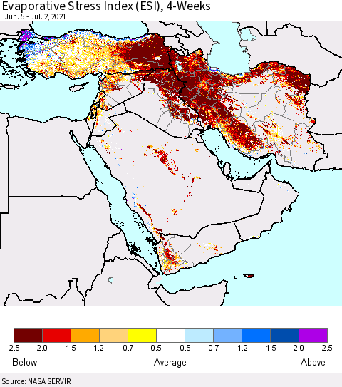 Middle East and Turkey Evaporative Stress Index (ESI), 4-Weeks Thematic Map For 6/28/2021 - 7/4/2021
