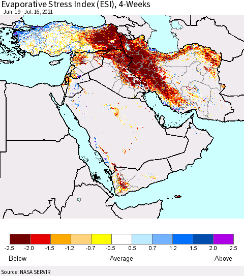 Middle East and Turkey Evaporative Stress Index (ESI), 4-Weeks Thematic Map For 7/12/2021 - 7/18/2021