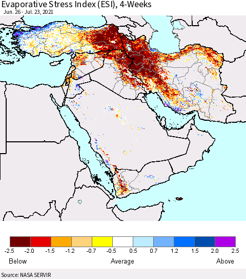 Middle East and Turkey Evaporative Stress Index (ESI), 4-Weeks Thematic Map For 7/19/2021 - 7/25/2021