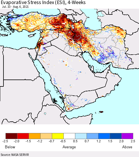 Middle East and Turkey Evaporative Stress Index (ESI), 4-Weeks Thematic Map For 8/2/2021 - 8/8/2021