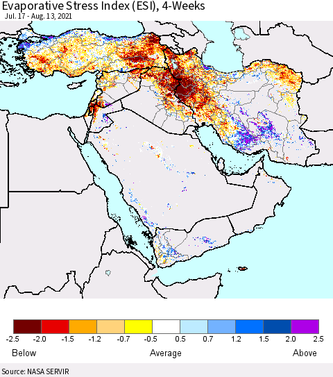 Middle East and Turkey Evaporative Stress Index (ESI), 4-Weeks Thematic Map For 8/9/2021 - 8/15/2021