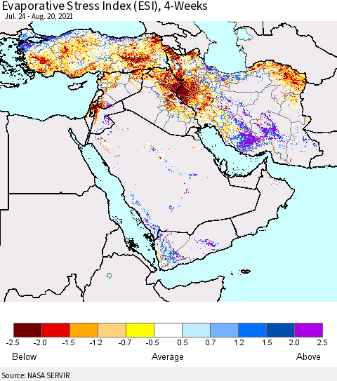 Middle East and Turkey Evaporative Stress Index (ESI), 4-Weeks Thematic Map For 8/16/2021 - 8/22/2021