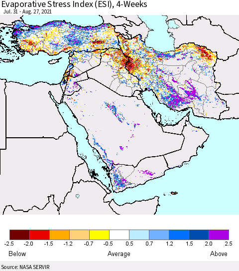 Middle East and Turkey Evaporative Stress Index (ESI), 4-Weeks Thematic Map For 8/23/2021 - 8/29/2021