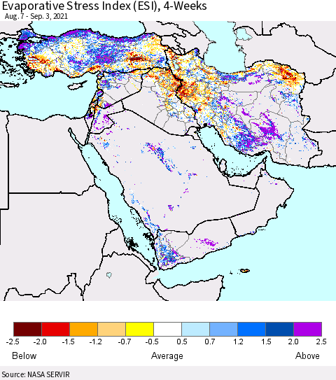 Middle East and Turkey Evaporative Stress Index (ESI), 4-Weeks Thematic Map For 8/30/2021 - 9/5/2021