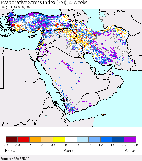 Middle East and Turkey Evaporative Stress Index (ESI), 4-Weeks Thematic Map For 9/6/2021 - 9/12/2021