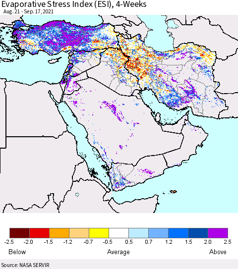 Middle East and Turkey Evaporative Stress Index (ESI), 4-Weeks Thematic Map For 9/13/2021 - 9/19/2021