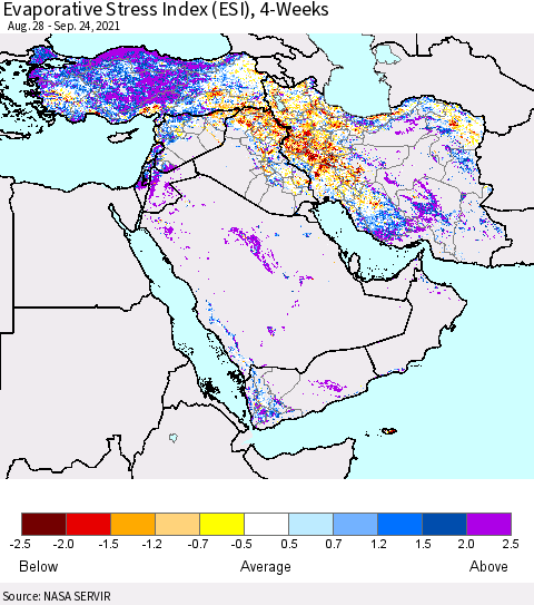 Middle East and Turkey Evaporative Stress Index (ESI), 4-Weeks Thematic Map For 9/20/2021 - 9/26/2021