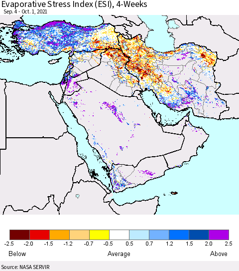 Middle East and Turkey Evaporative Stress Index (ESI), 4-Weeks Thematic Map For 9/27/2021 - 10/3/2021