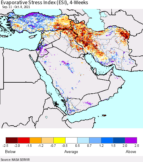 Middle East and Turkey Evaporative Stress Index (ESI), 4-Weeks Thematic Map For 10/4/2021 - 10/10/2021