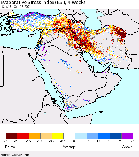 Middle East and Turkey Evaporative Stress Index (ESI), 4-Weeks Thematic Map For 10/11/2021 - 10/17/2021