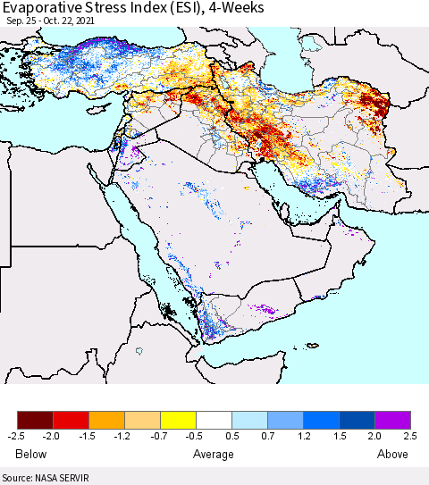 Middle East and Turkey Evaporative Stress Index (ESI), 4-Weeks Thematic Map For 10/18/2021 - 10/24/2021
