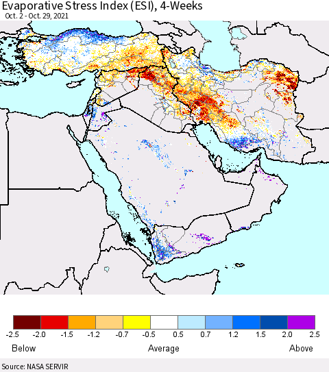 Middle East and Turkey Evaporative Stress Index (ESI), 4-Weeks Thematic Map For 10/25/2021 - 10/31/2021
