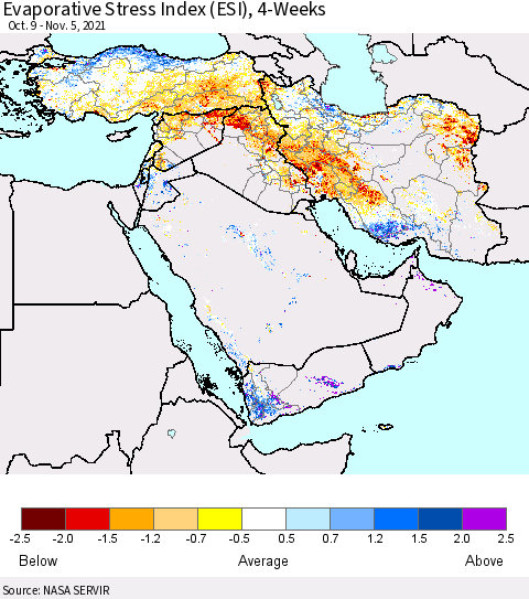Middle East and Turkey Evaporative Stress Index (ESI), 4-Weeks Thematic Map For 11/1/2021 - 11/7/2021