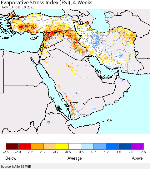 Middle East and Turkey Evaporative Stress Index (ESI), 4-Weeks Thematic Map For 12/6/2021 - 12/12/2021