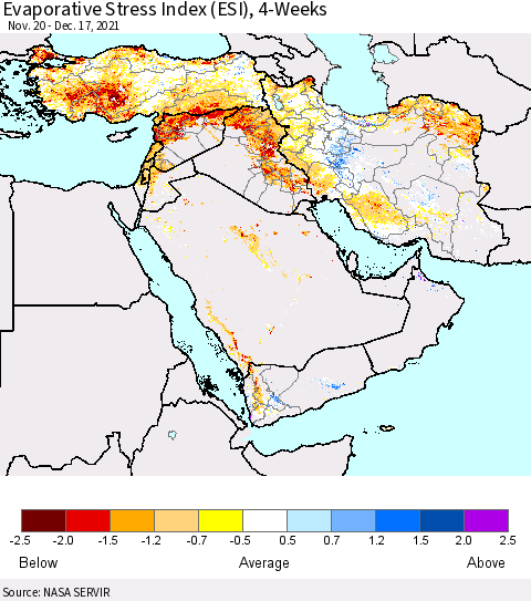 Middle East and Turkey Evaporative Stress Index (ESI), 4-Weeks Thematic Map For 12/13/2021 - 12/19/2021