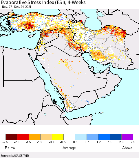 Middle East and Turkey Evaporative Stress Index (ESI), 4-Weeks Thematic Map For 12/20/2021 - 12/26/2021