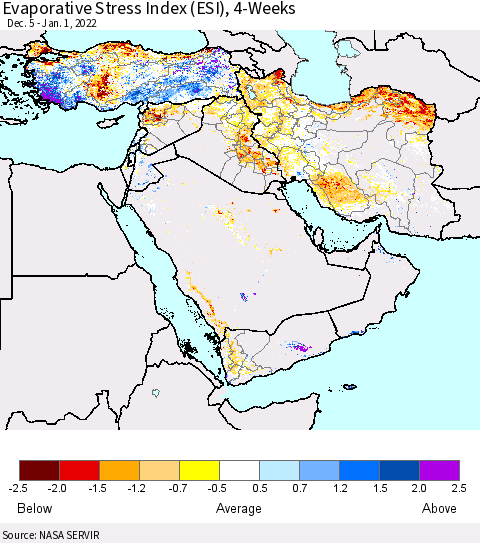 Middle East and Turkey Evaporative Stress Index (ESI), 4-Weeks Thematic Map For 12/27/2021 - 1/2/2022