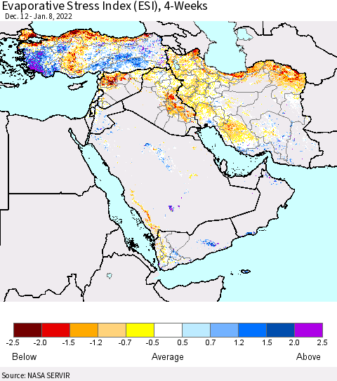 Middle East and Turkey Evaporative Stress Index (ESI), 4-Weeks Thematic Map For 1/3/2022 - 1/9/2022
