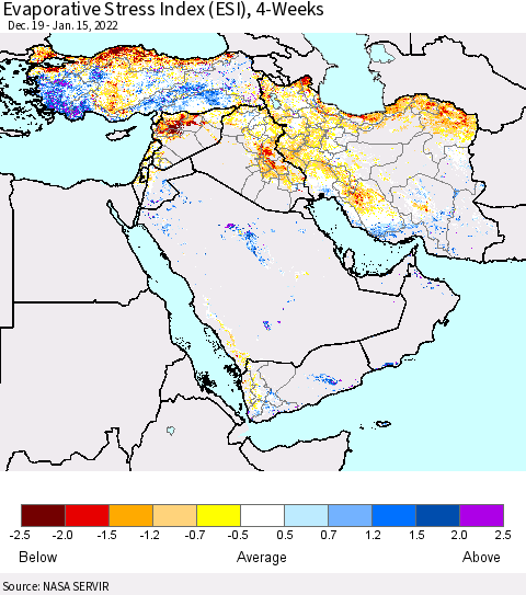 Middle East and Turkey Evaporative Stress Index (ESI), 4-Weeks Thematic Map For 1/10/2022 - 1/16/2022