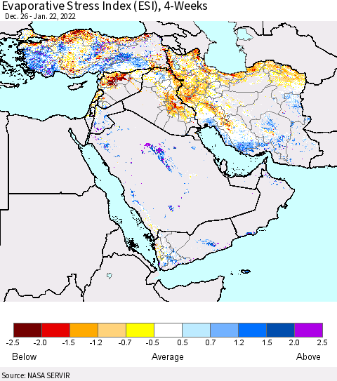 Middle East and Turkey Evaporative Stress Index (ESI), 4-Weeks Thematic Map For 1/17/2022 - 1/23/2022