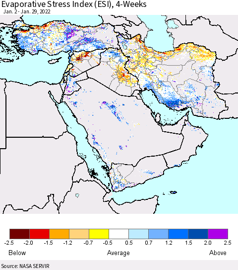 Middle East and Turkey Evaporative Stress Index (ESI), 4-Weeks Thematic Map For 1/24/2022 - 1/30/2022
