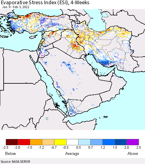 Middle East and Turkey Evaporative Stress Index (ESI), 4-Weeks Thematic Map For 1/31/2022 - 2/6/2022