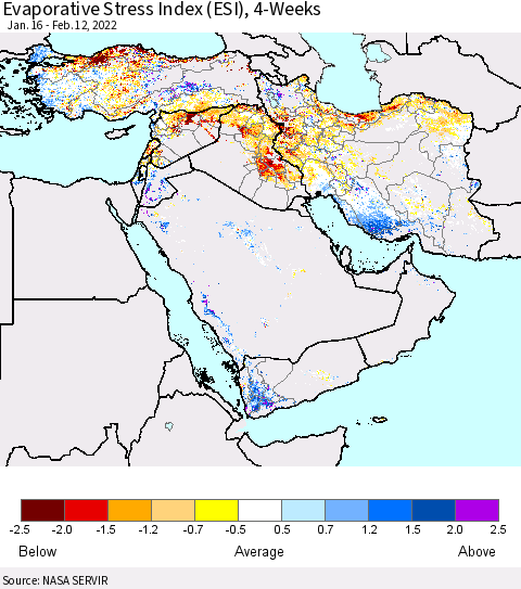 Middle East and Turkey Evaporative Stress Index (ESI), 4-Weeks Thematic Map For 2/7/2022 - 2/13/2022