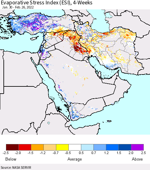 Middle East and Turkey Evaporative Stress Index (ESI), 4-Weeks Thematic Map For 2/21/2022 - 2/27/2022