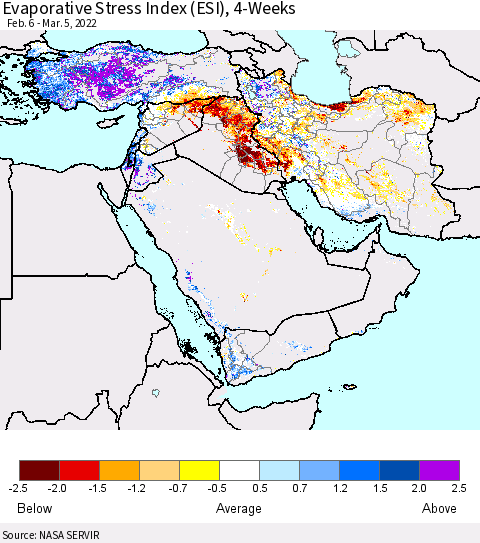 Middle East and Turkey Evaporative Stress Index (ESI), 4-Weeks Thematic Map For 2/28/2022 - 3/6/2022