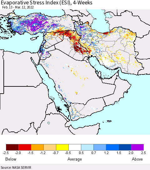 Middle East and Turkey Evaporative Stress Index (ESI), 4-Weeks Thematic Map For 3/7/2022 - 3/13/2022