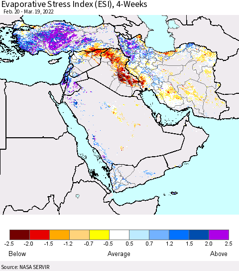 Middle East and Turkey Evaporative Stress Index (ESI), 4-Weeks Thematic Map For 3/14/2022 - 3/20/2022