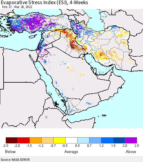 Middle East and Turkey Evaporative Stress Index (ESI), 4-Weeks Thematic Map For 3/21/2022 - 3/27/2022