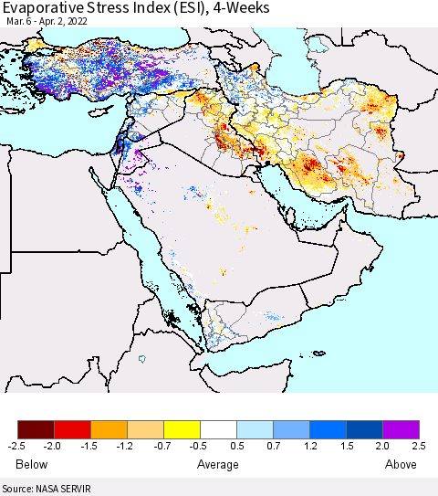Middle East and Turkey Evaporative Stress Index (ESI), 4-Weeks Thematic Map For 3/28/2022 - 4/3/2022