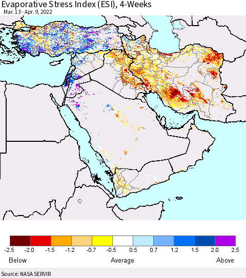 Middle East and Turkey Evaporative Stress Index (ESI), 4-Weeks Thematic Map For 4/4/2022 - 4/10/2022