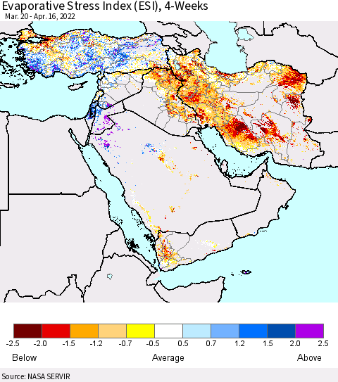 Middle East and Turkey Evaporative Stress Index (ESI), 4-Weeks Thematic Map For 4/11/2022 - 4/17/2022