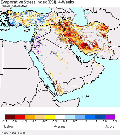 Middle East and Turkey Evaporative Stress Index (ESI), 4-Weeks Thematic Map For 4/18/2022 - 4/24/2022