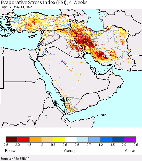 Middle East and Turkey Evaporative Stress Index (ESI), 4-Weeks Thematic Map For 5/9/2022 - 5/15/2022