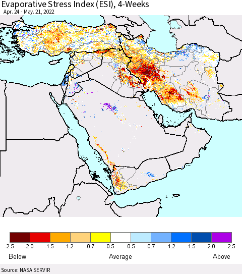 Middle East and Turkey Evaporative Stress Index (ESI), 4-Weeks Thematic Map For 5/16/2022 - 5/22/2022