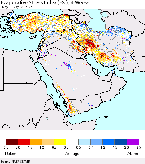 Middle East and Turkey Evaporative Stress Index (ESI), 4-Weeks Thematic Map For 5/23/2022 - 5/29/2022