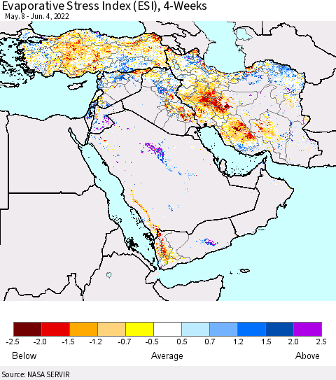 Middle East and Turkey Evaporative Stress Index (ESI), 4-Weeks Thematic Map For 5/30/2022 - 6/5/2022