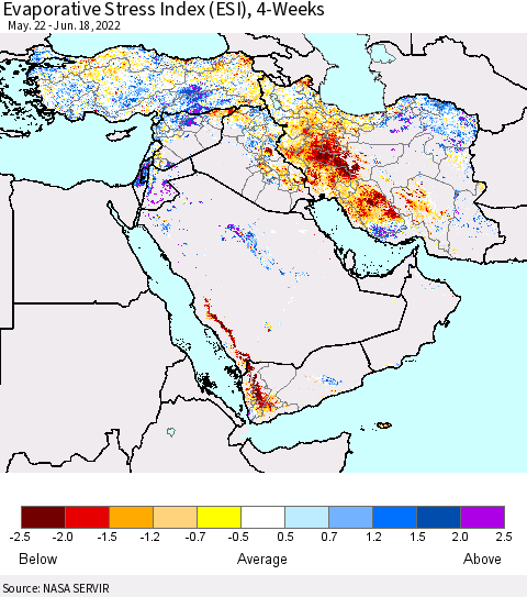 Middle East and Turkey Evaporative Stress Index (ESI), 4-Weeks Thematic Map For 6/13/2022 - 6/19/2022