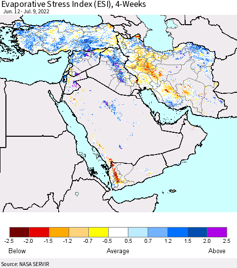 Middle East and Turkey Evaporative Stress Index (ESI), 4-Weeks Thematic Map For 7/4/2022 - 7/10/2022