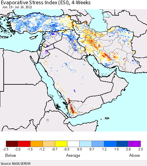 Middle East and Turkey Evaporative Stress Index (ESI), 4-Weeks Thematic Map For 7/11/2022 - 7/17/2022