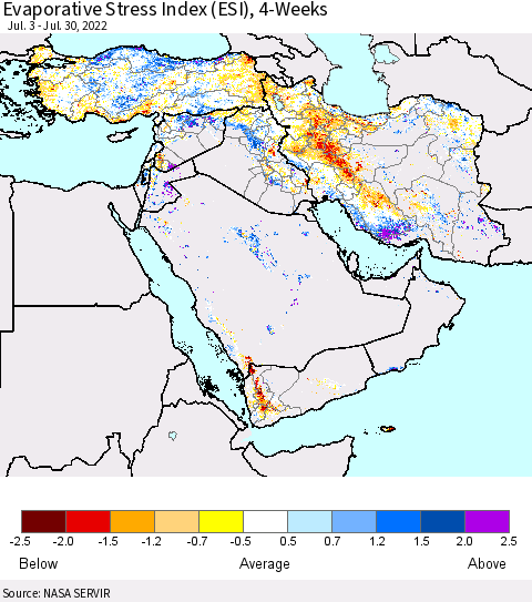 Middle East and Turkey Evaporative Stress Index (ESI), 4-Weeks Thematic Map For 7/25/2022 - 7/31/2022