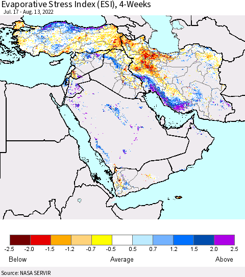 Middle East and Turkey Evaporative Stress Index (ESI), 4-Weeks Thematic Map For 8/8/2022 - 8/14/2022