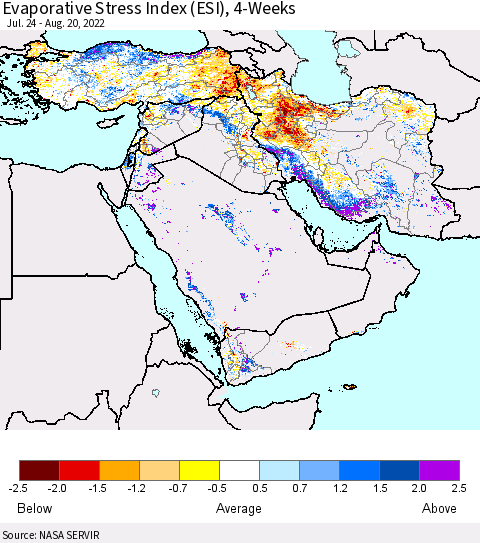 Middle East and Turkey Evaporative Stress Index (ESI), 4-Weeks Thematic Map For 8/15/2022 - 8/21/2022